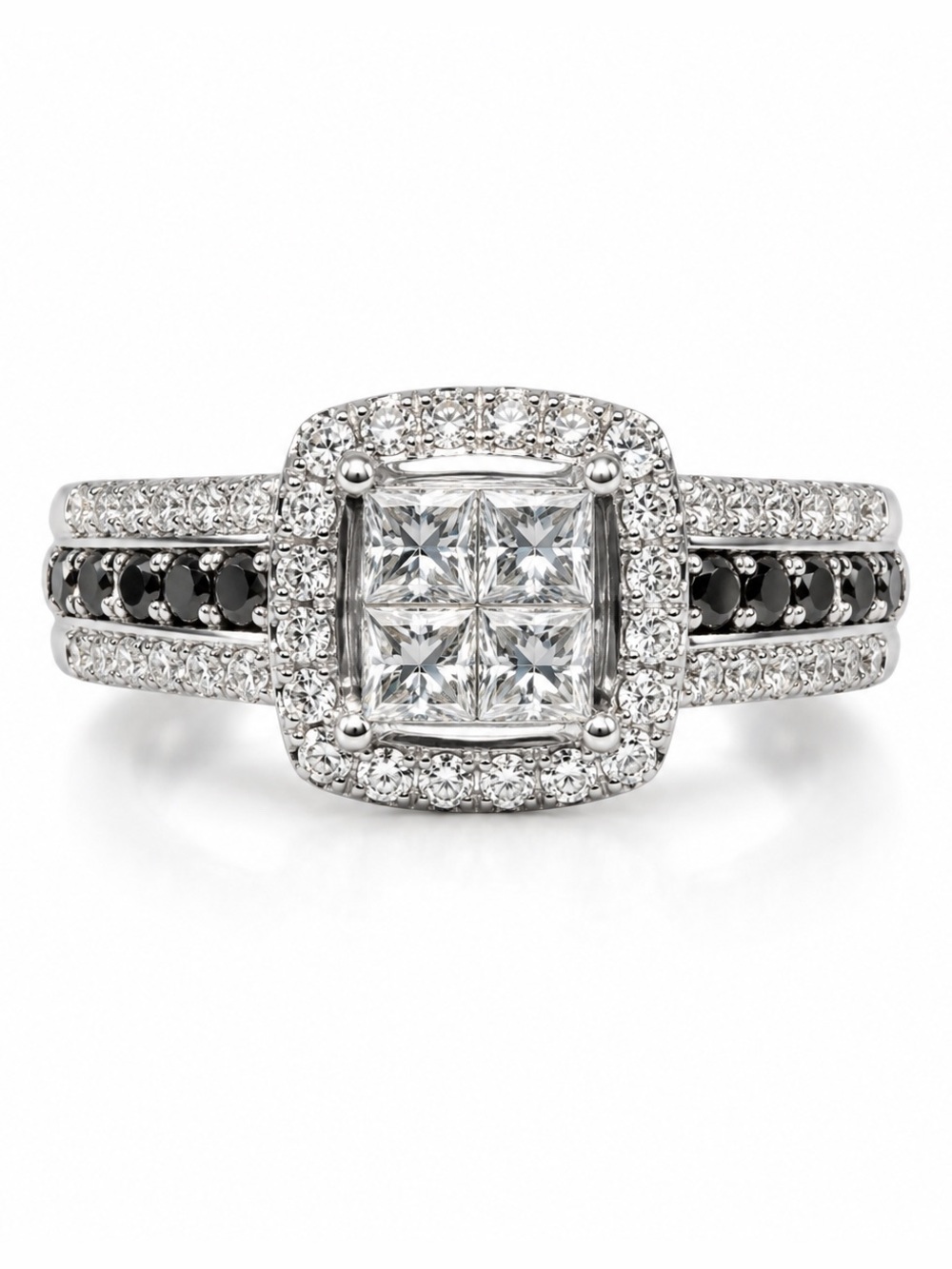 14K Solid White Gold Black & White Diamond Halo Engagement Ring 1ctw Size 7
